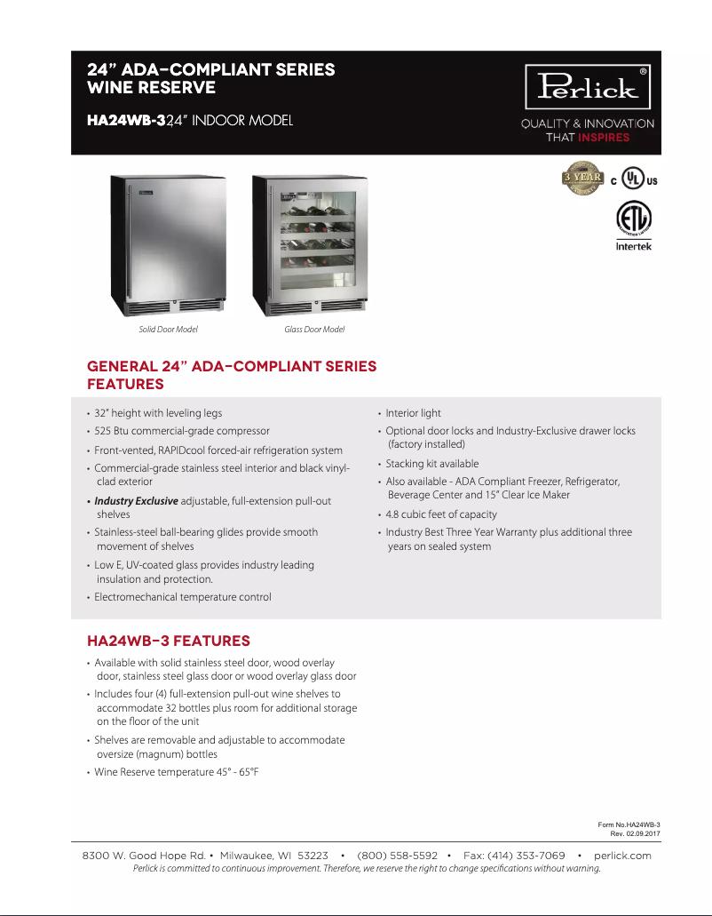 Page 1 of the manual Technical Sheet Perlick ADA Compliant Series HA24WB-3-1R