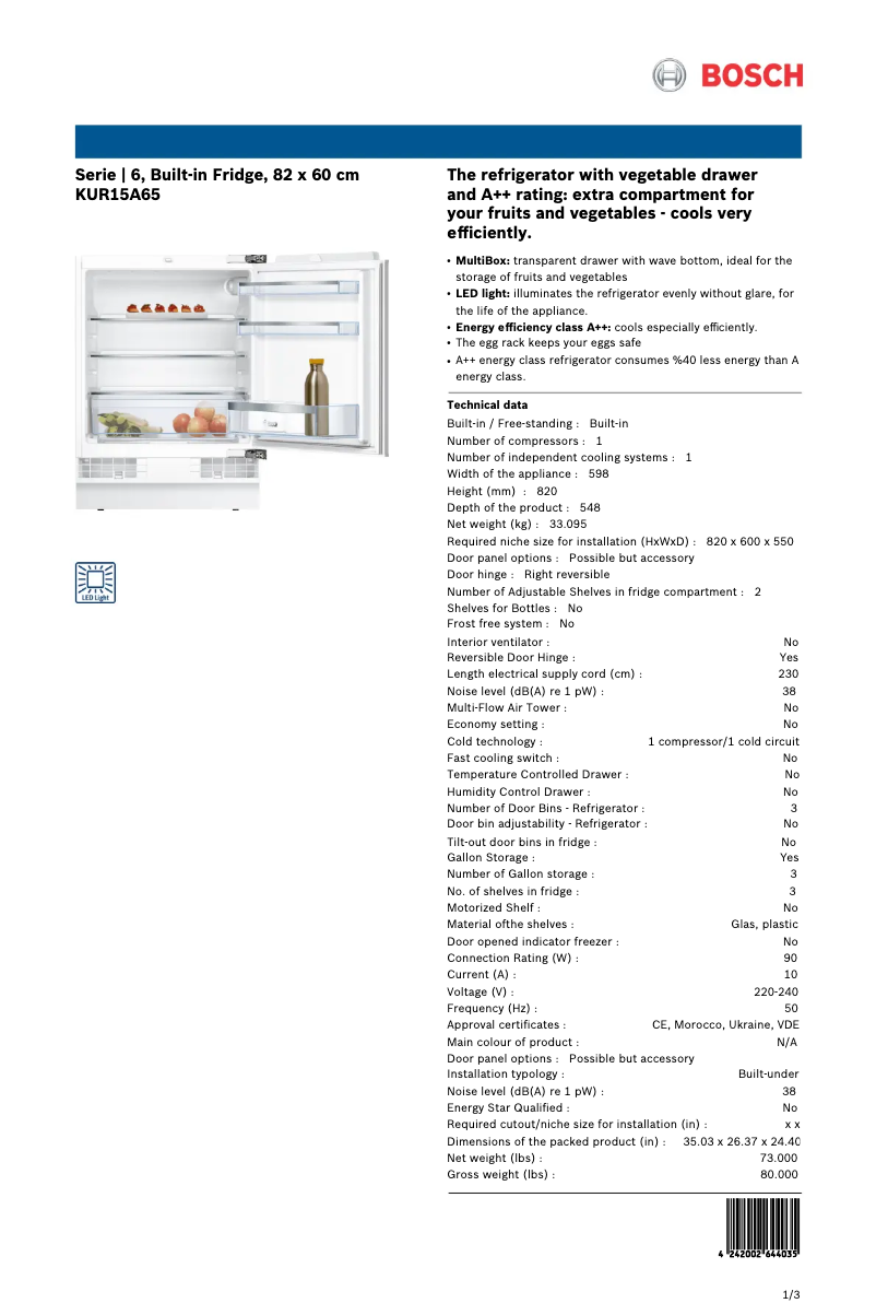 Page 1 of the manual Technical Sheet Bosch KUR15A65