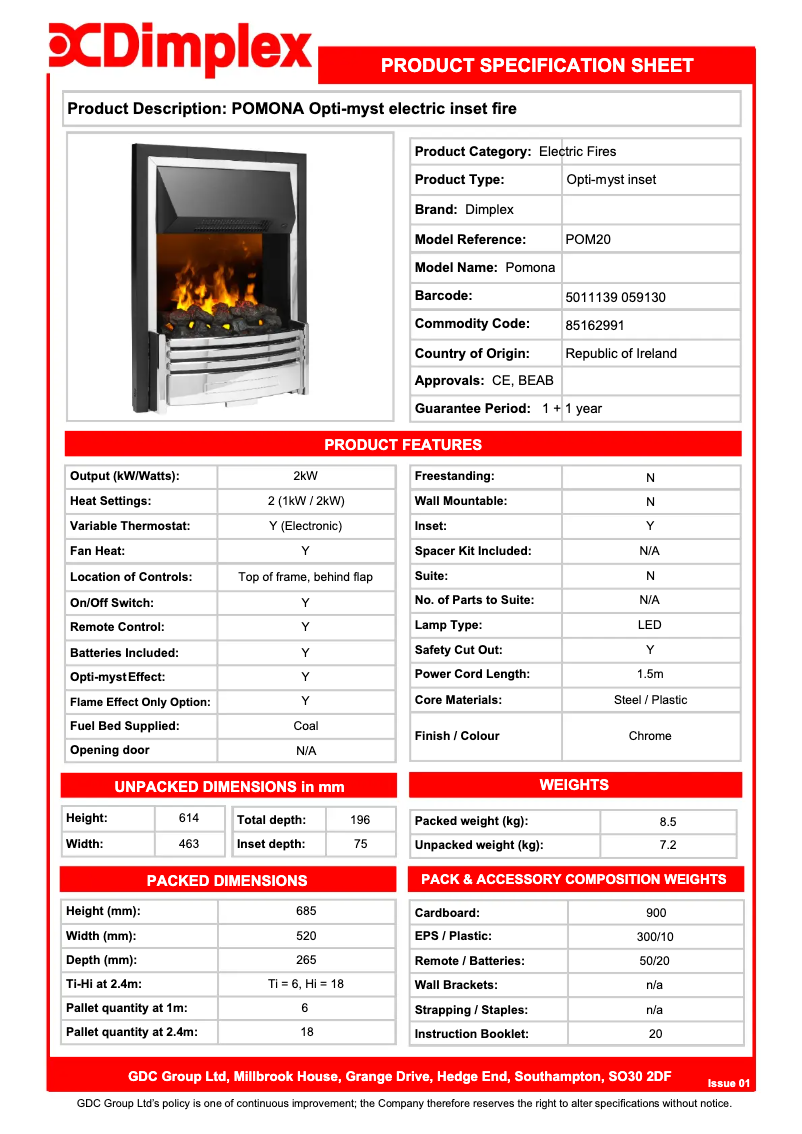Page 1 of the manual Technical Sheet Dimplex POM20