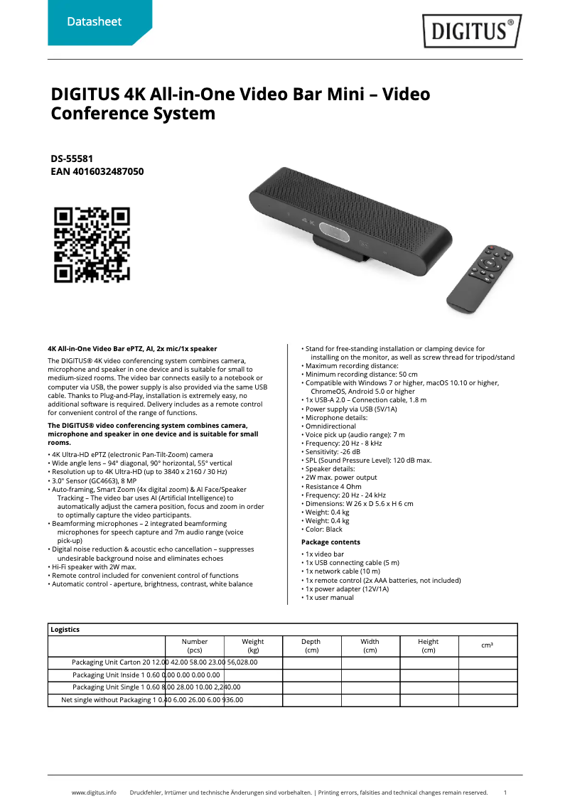 Page 1 of the manual Technical Sheet Digitus DS-55581
