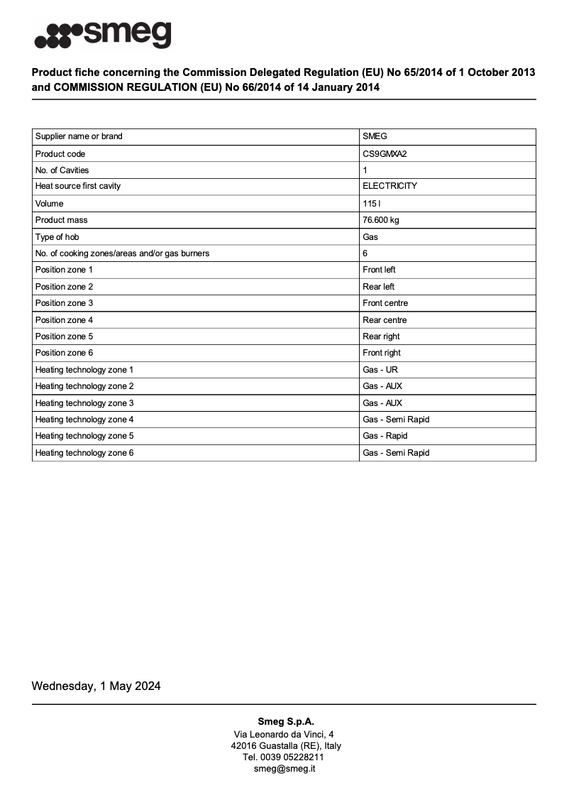 Page 1 of the manual Technical Sheet Smeg CS9GMXA2