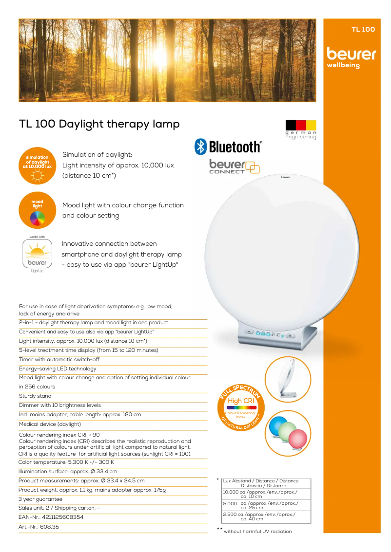 Page 1 of the manual Technical Sheet Beurer TL 100