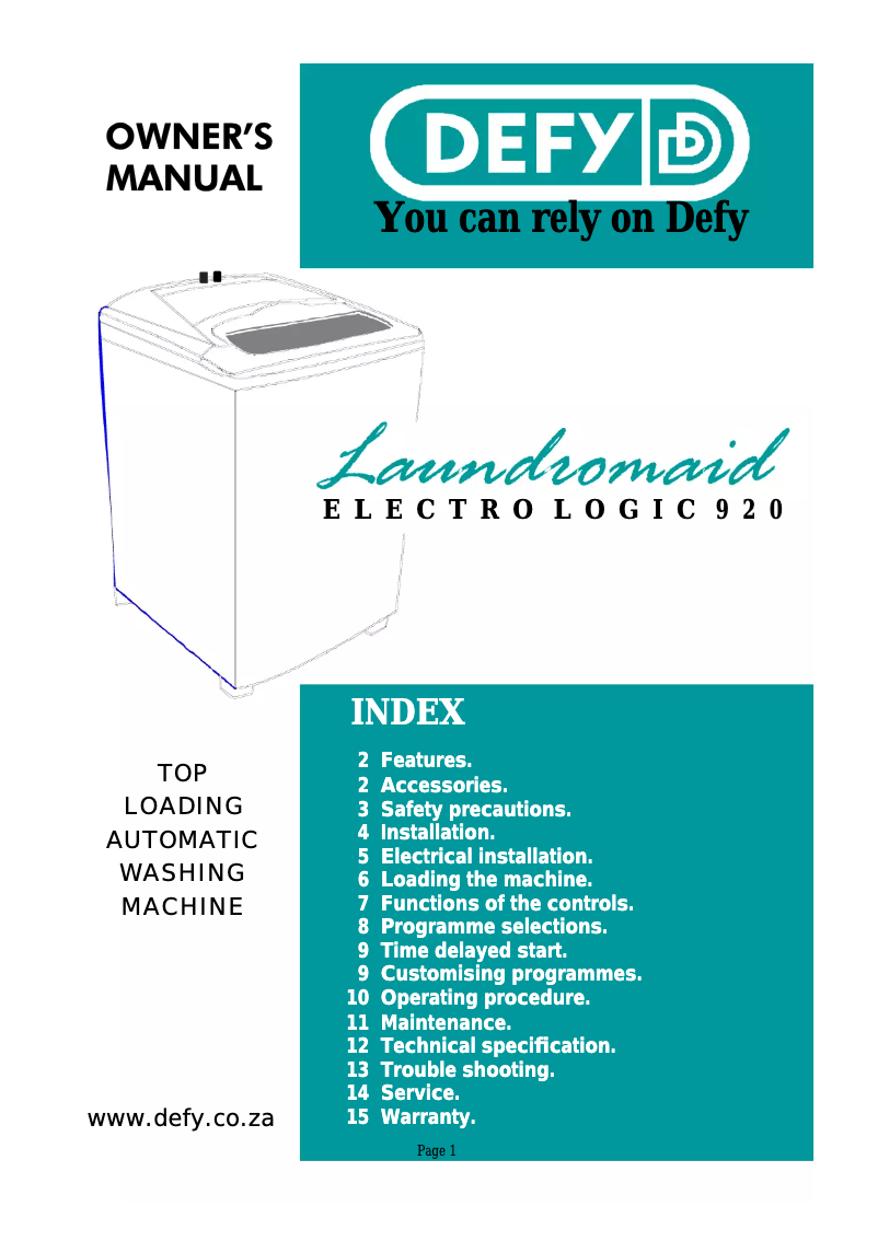 Page 1 of the manual User Manual Defy Laundromaid Electrologic 920
