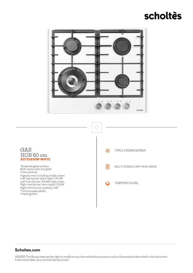 Page 1 de la notice Fiche technique Scholtès SOTG1630W