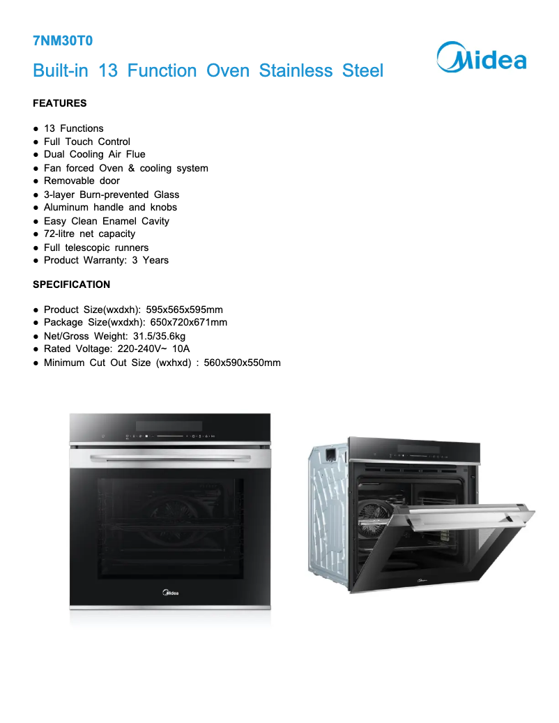 Page 1 of the manual Technical Sheet Midea 7NM30T0
