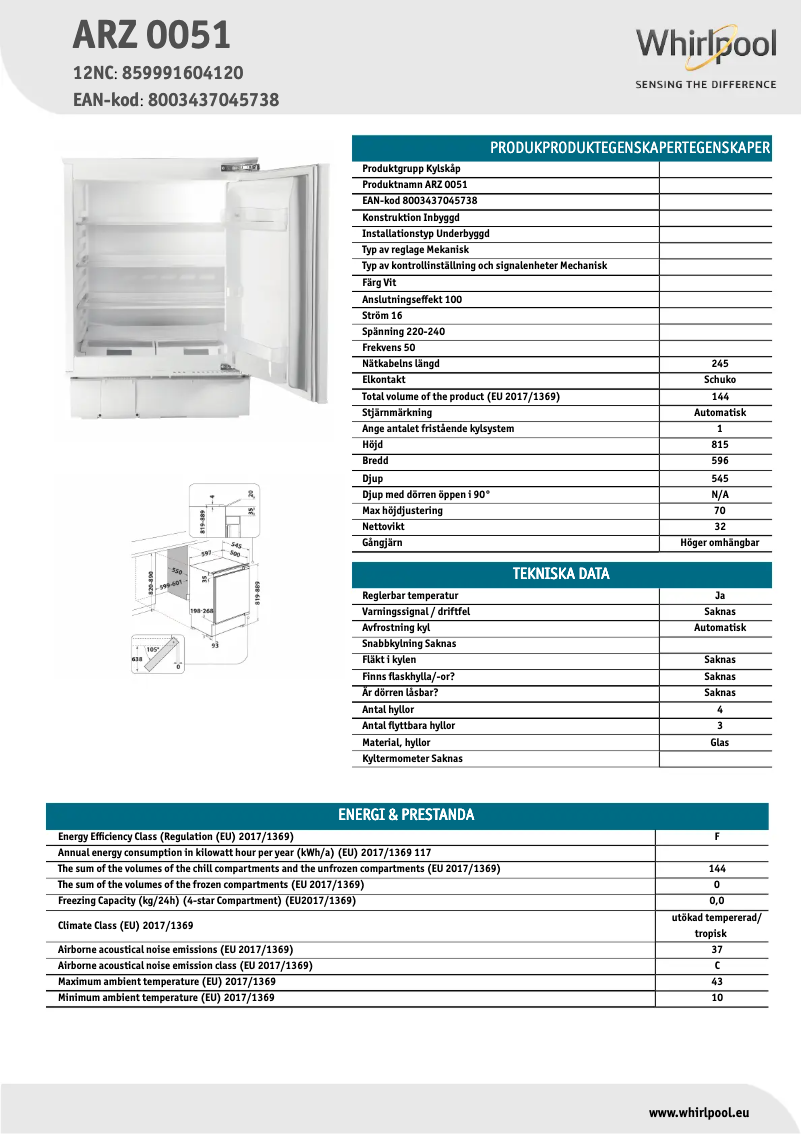 Page 1 of the manual Technical Sheet Whirlpool ARZ 0051