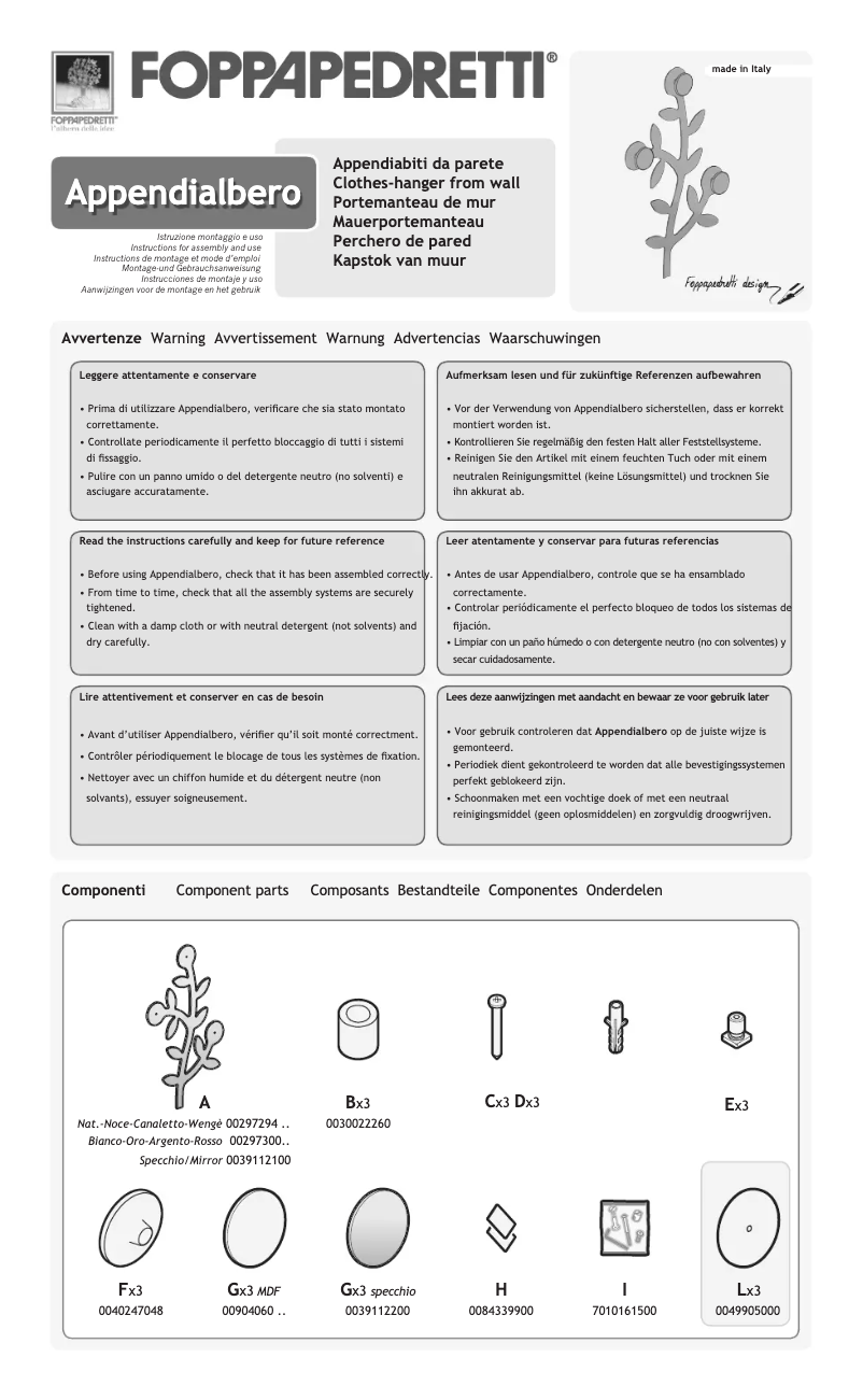 Page 1 de la notice Manuel utilisateur Foppapedretti Appendialbero