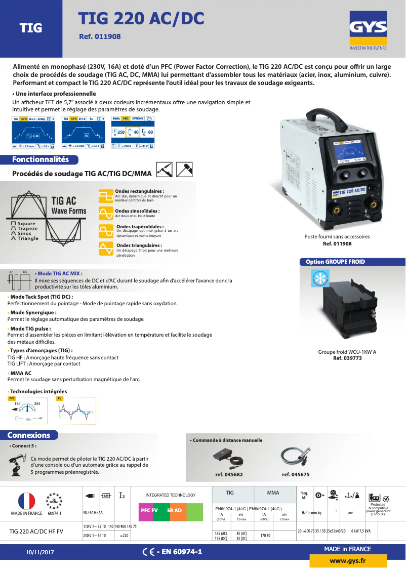 Page 1 of the manual Technical Sheet GYS TIG 220 AC/DC