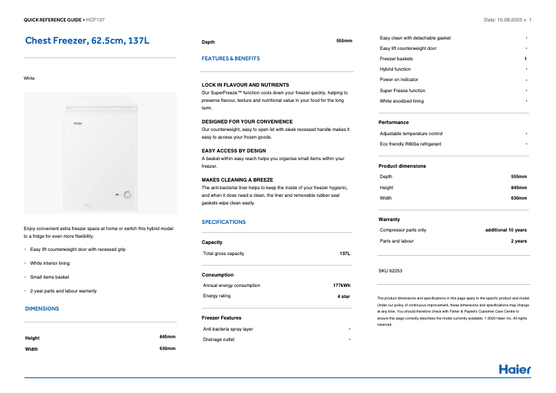 First page image of the manual for HCF137W