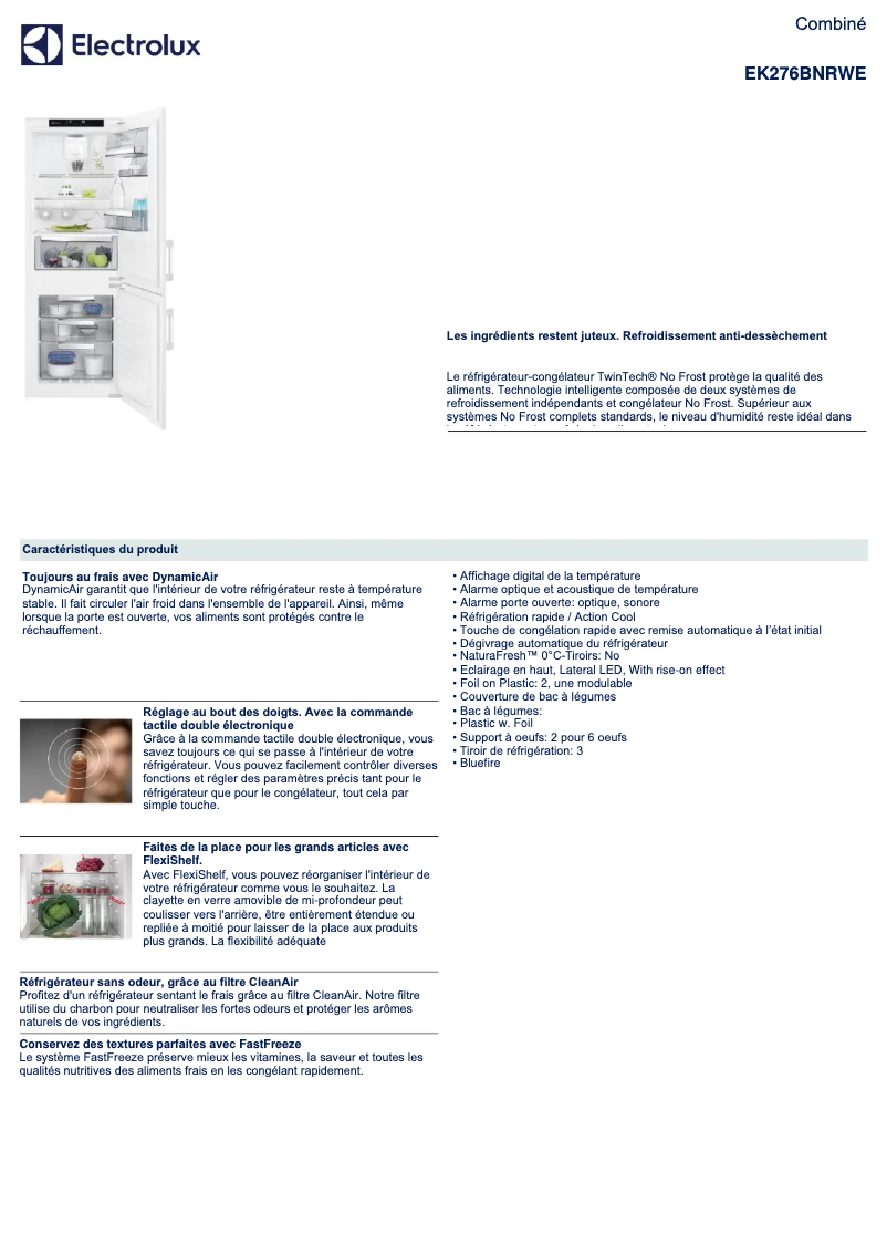 Page 1 of the manual Technical Sheet Electrolux EK276BNRWE