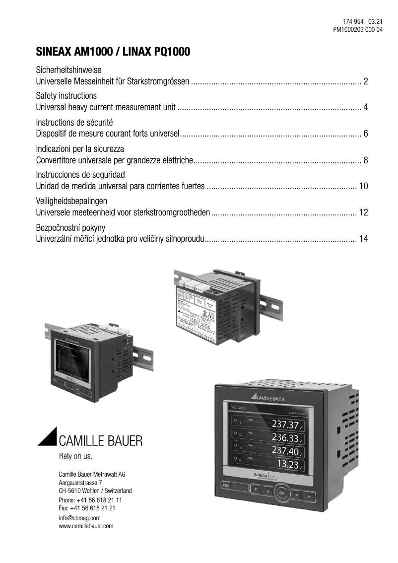 Page 1 of the manual Instructions / Assembly Camille Bauer SINEAX AM1000