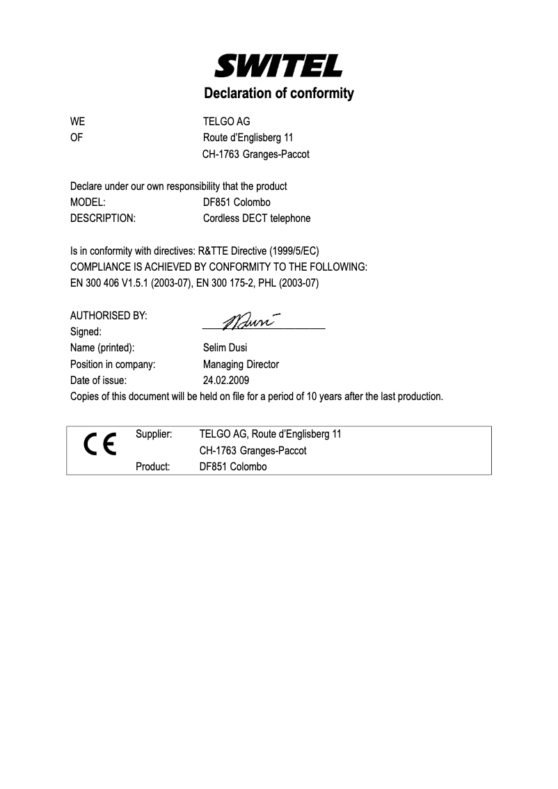 First page image of the manual for DF 851