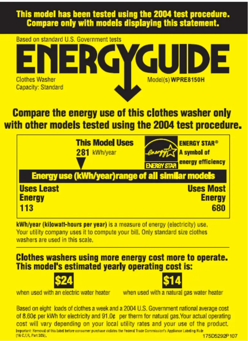 Page 1 of the manual Energy Label GE Profile WPRE8150HWT