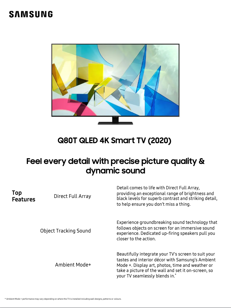 Page 1 of the manual Technical Sheet Samsung QA85Q80TAWXXY