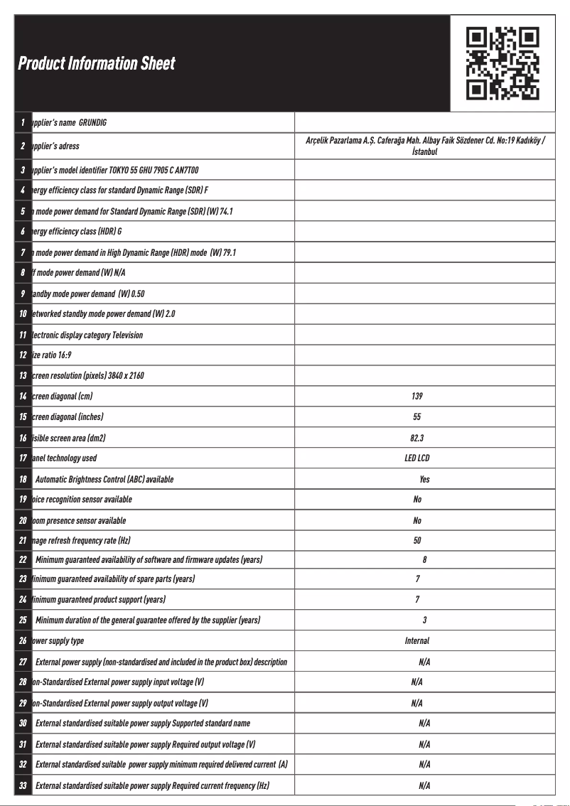Page 1 of the manual Technical Sheet Grundig TOKYO 55 GHU 7905 C