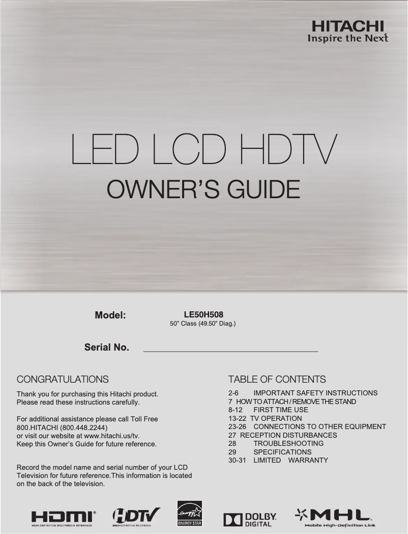 Page 1 of the manual User Manual Hitachi LE50H508