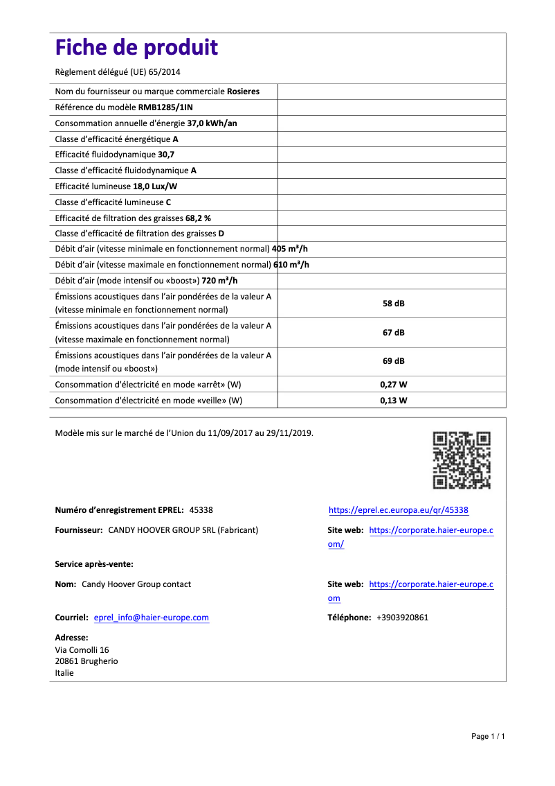 First page image of the manual for RMB 1285/1 IN