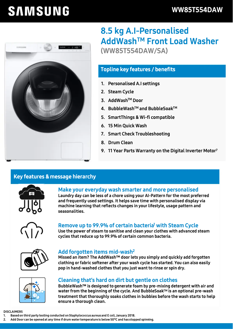 First page image of the manual for WW85T554DAW