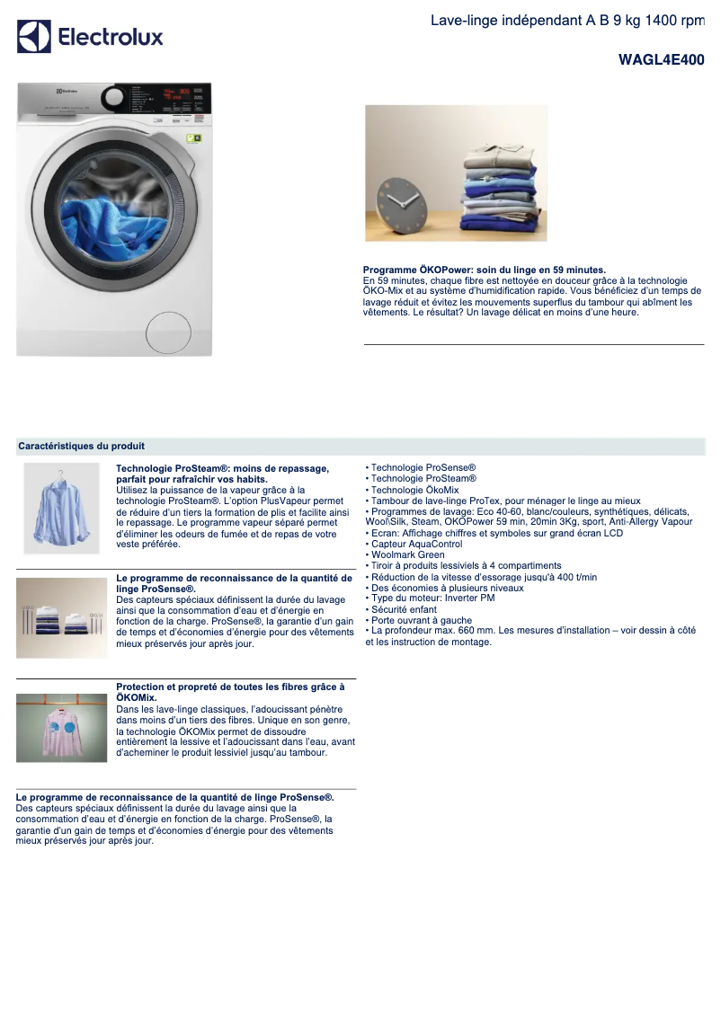 Page 1 of the manual Technical Sheet Electrolux WAGL4E400