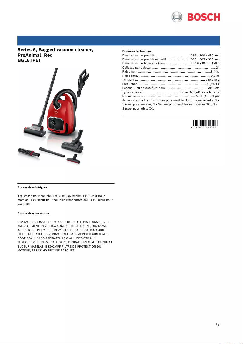 Page 1 of the manual Technical Sheet Bosch ProAnimal Serie 6 BGL6TPET