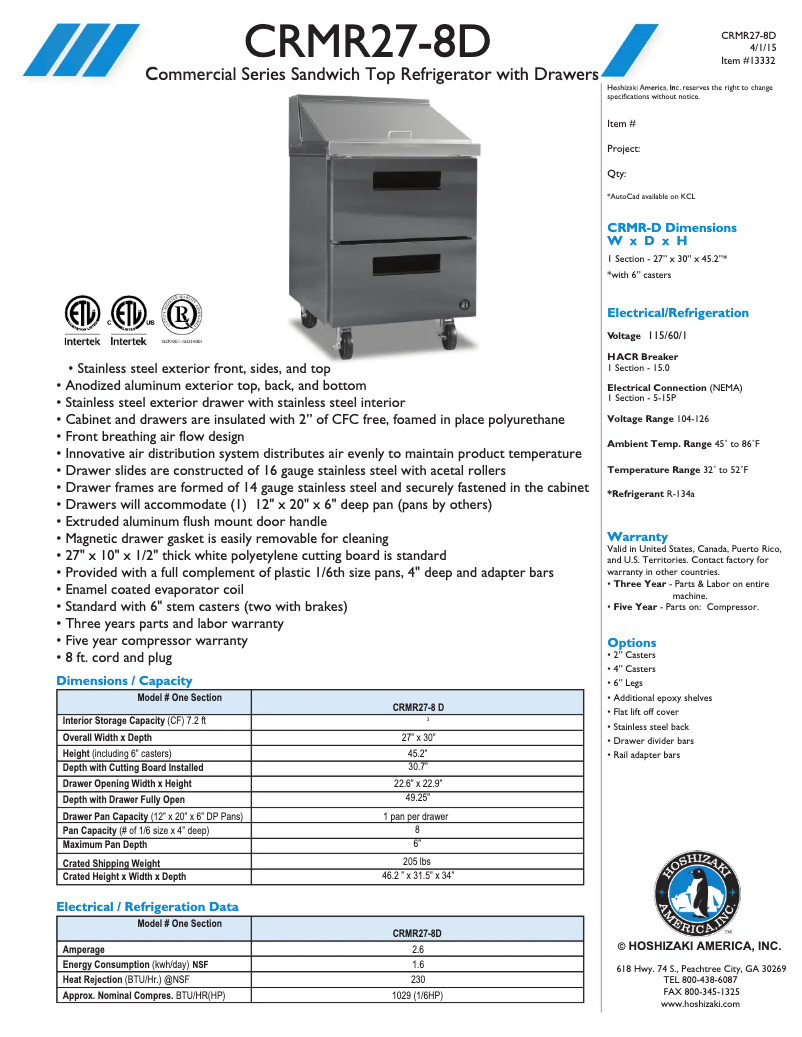 Page 1 of the manual Technical Sheet Hoshizaki CRMR27-8D