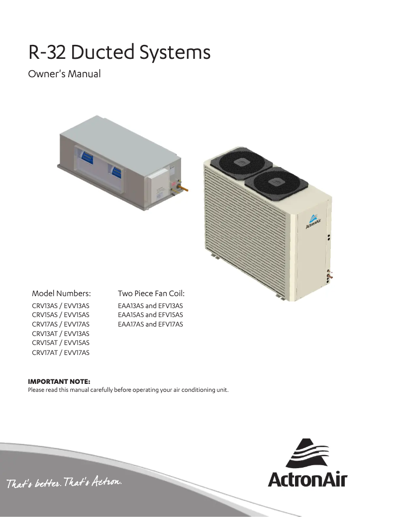 Page 1 of the manual User Manual ActronAir CRV17AT