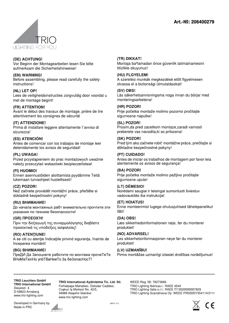 Page 1 of the manual User Manual Trio Lighting Cleo 206400279