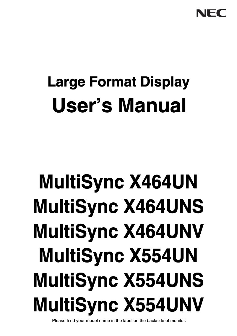 Page 1 de la notice Manuel utilisateur NEC MultiSync X464UNS-TMX9P