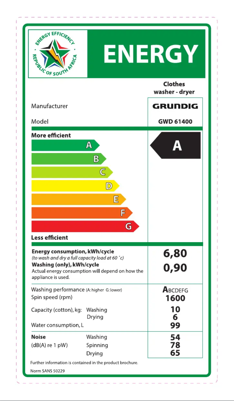 Page 1 of the manual Energy Label Grundig GWD 61400