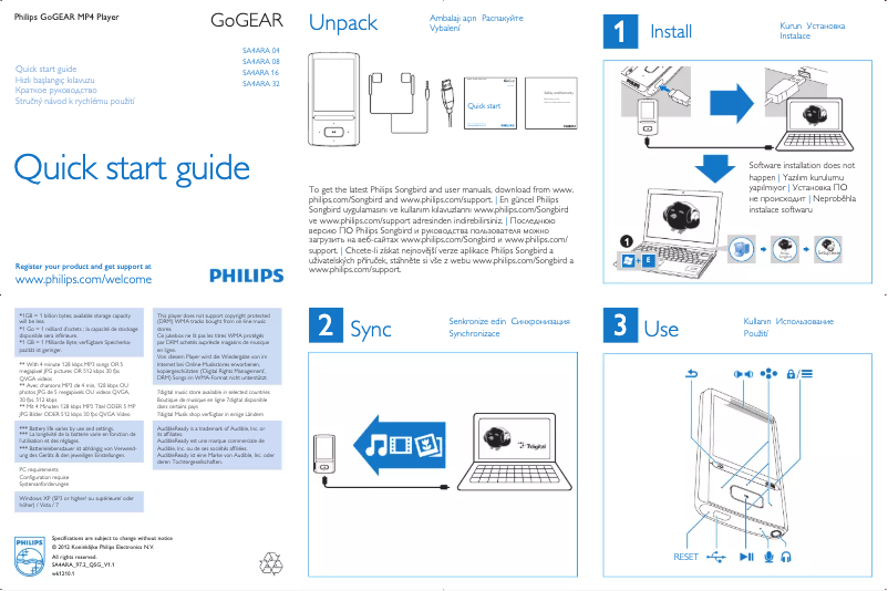 Page 1 of the manual Quick Start Guide Philips GoGear SA4ARA08