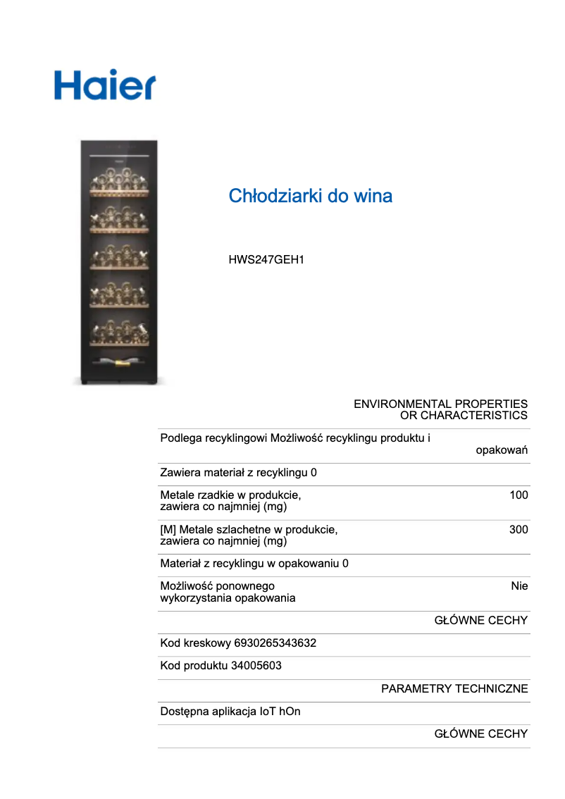 Page 1 de la notice Label énergétique Haier HWS247GEH1