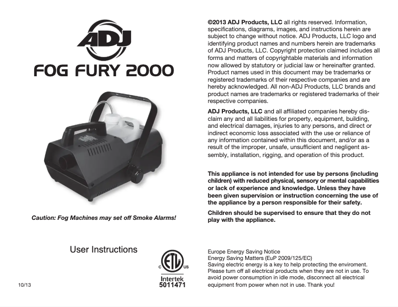 Page 1 of the manual User Manual Adj Fog Fury 2000