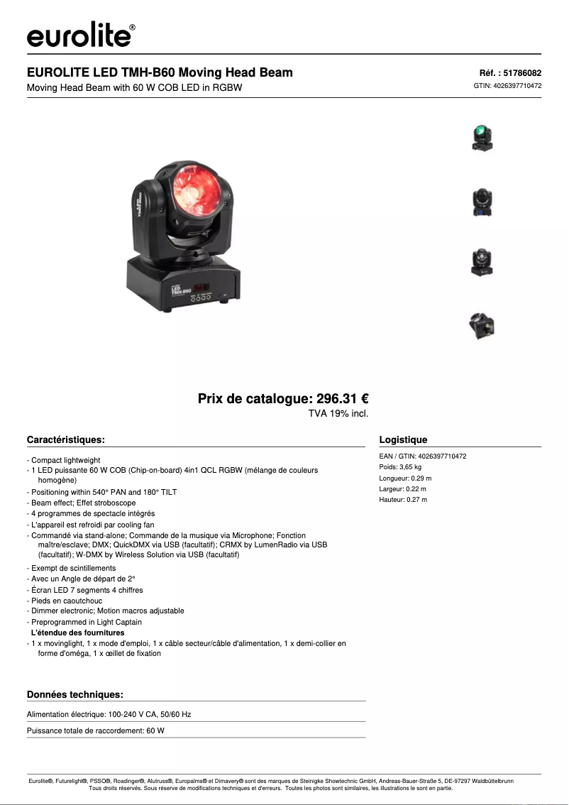 Page 1 of the manual Technical Sheet Eurolite LED TMH-B60
