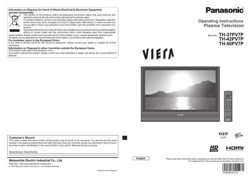 Page 1 of the manual User Manual Panasonic Viera TH-37PV7P