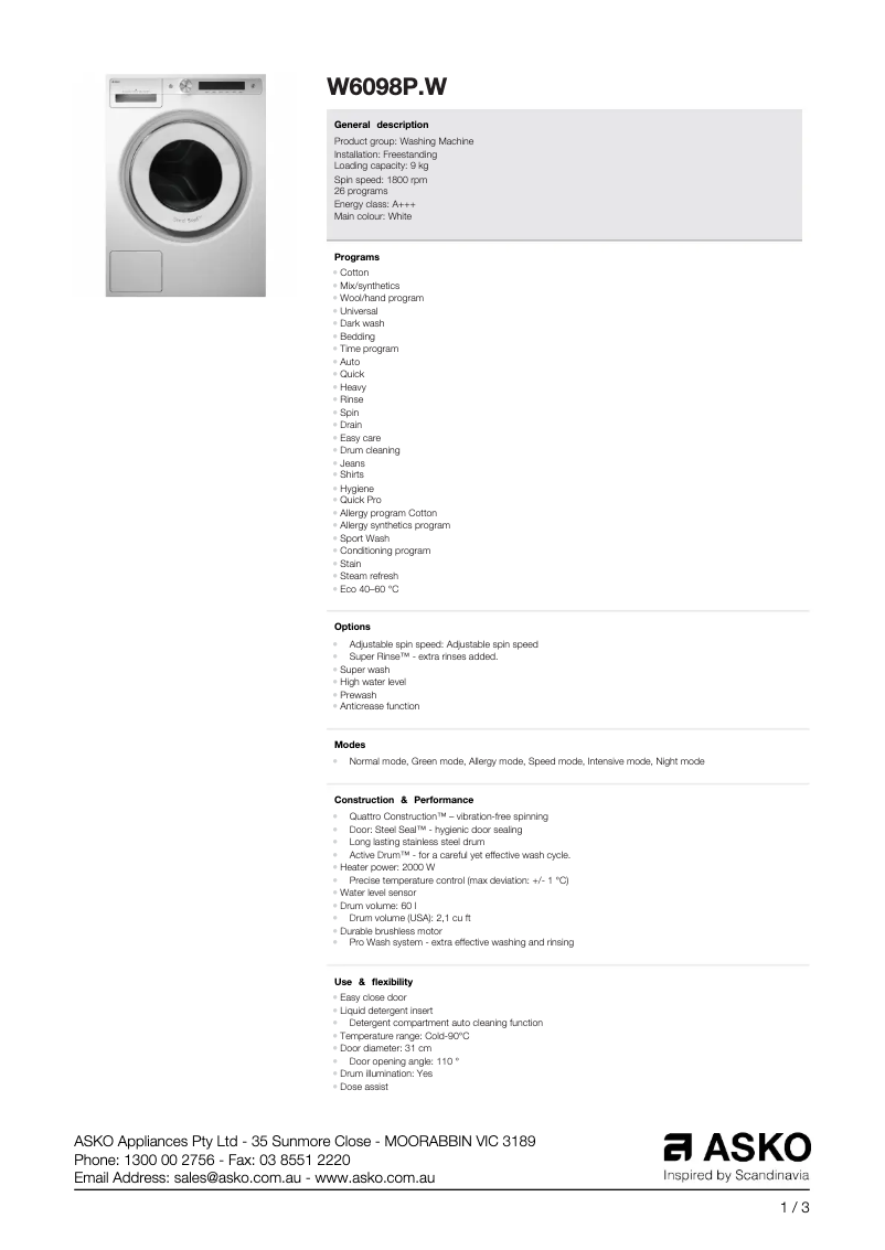 Page 1 of the manual Technical Sheet Asko W6098P.W