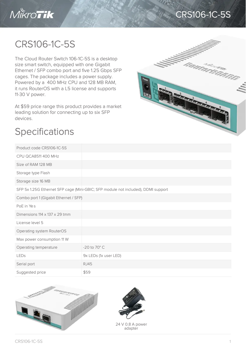 Page 1 of the manual Brochure Mikrotik CRS106-1C-5S