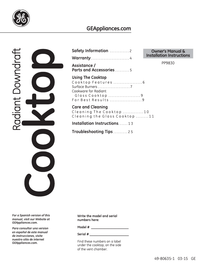 Page 1 of the manual Installation Guide GE Profile PP9830SJSS