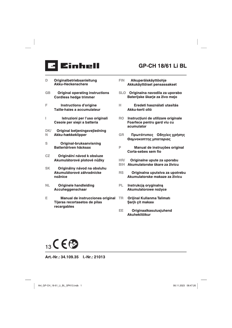 Page 1 of the manual User Manual Einhell GP-CH 18/61 Li BL