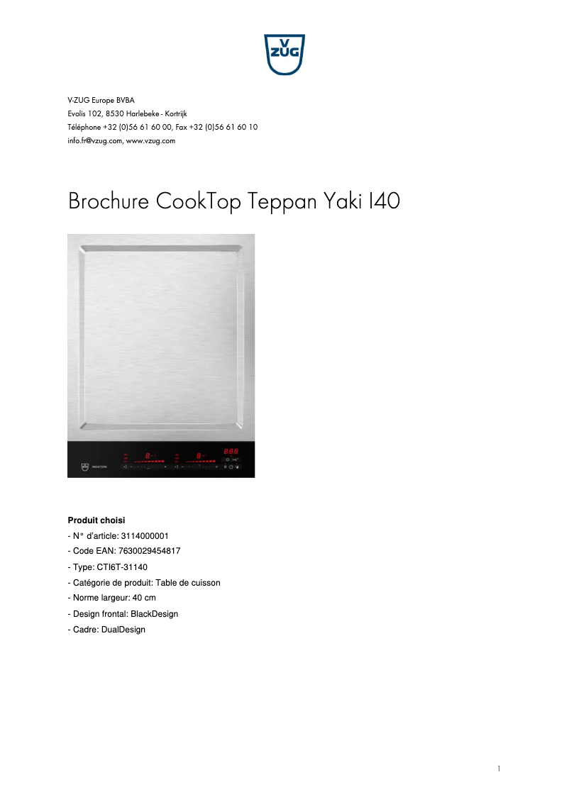 First page image of the manual for CookTop Teppan Yaki I40