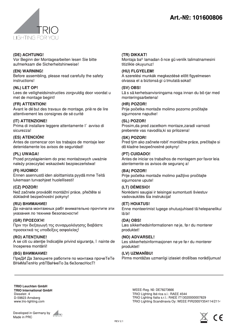 Page 1 of the manual User Manual Trio Lighting Lucerna 101600806