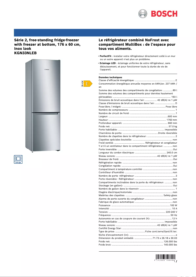 Page 1 of the manual Technical Sheet Bosch KGN33NLEB