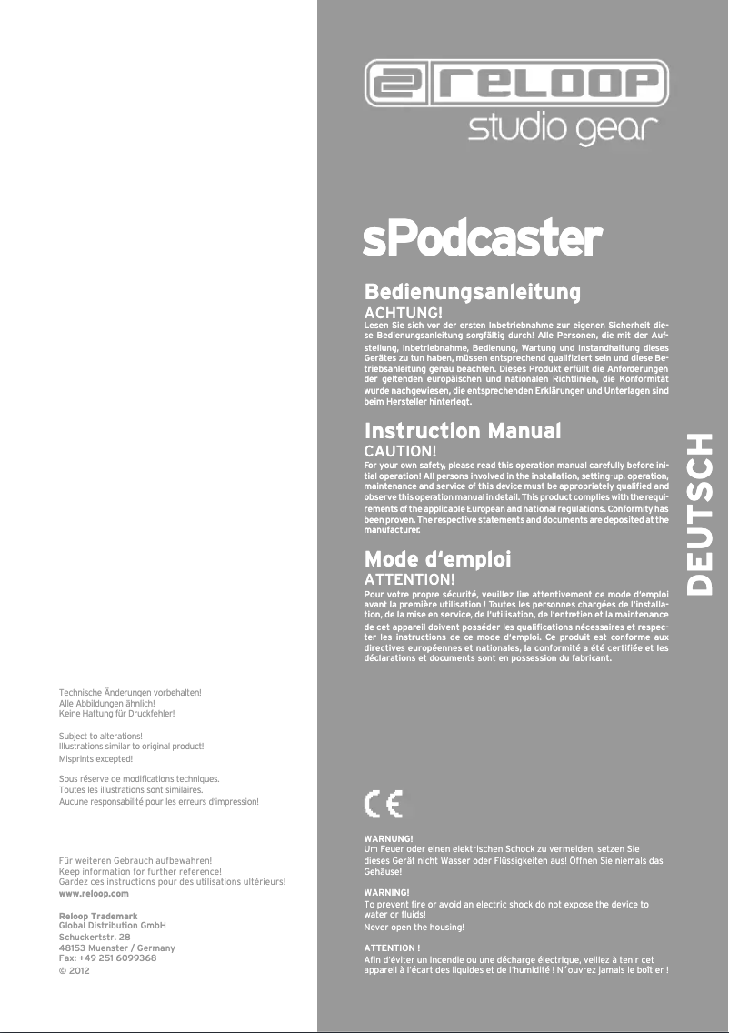 Page 1 of the manual User Manual Reloop sPodcaster