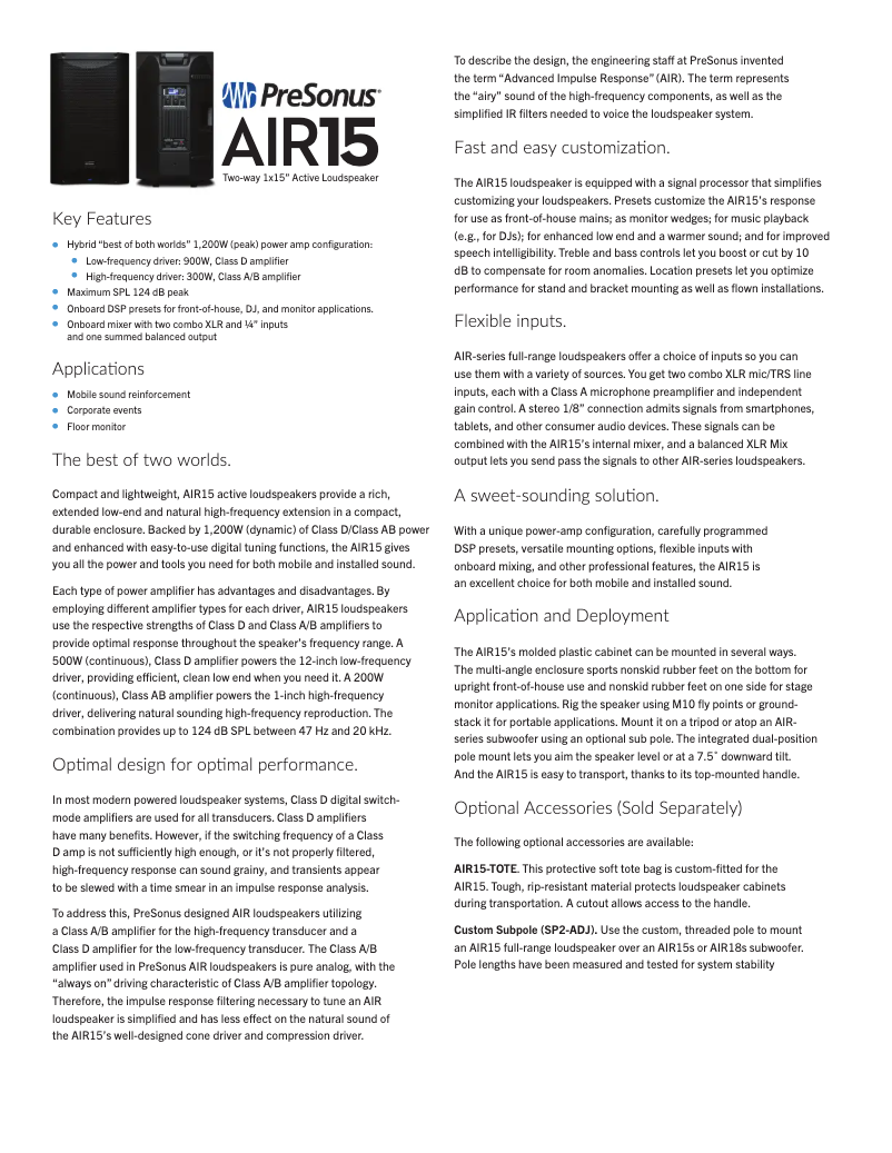 Page 1 of the manual Technical Sheet PreSonus AIR15