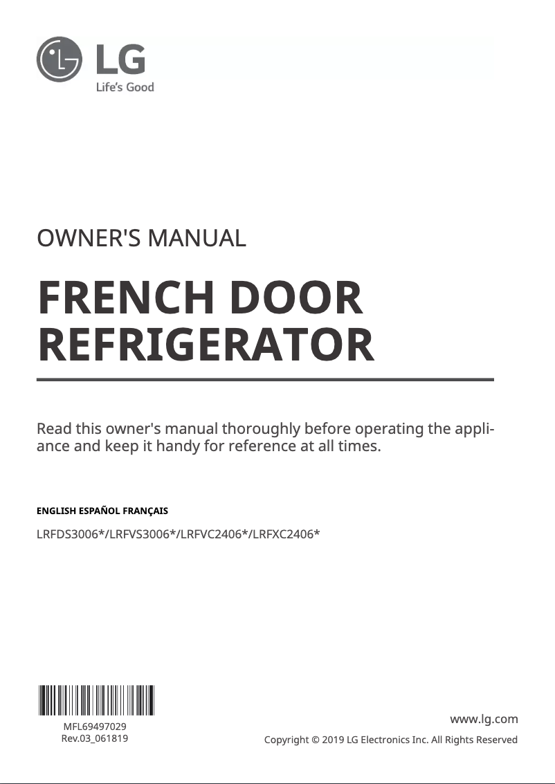 First page image of the manual for LRFVC2406S