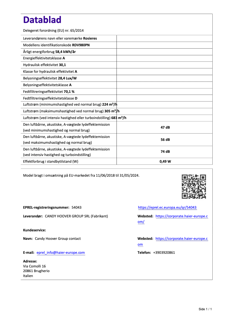 Page 1 of the manual Technical Sheet Rosieres RDV980PN
