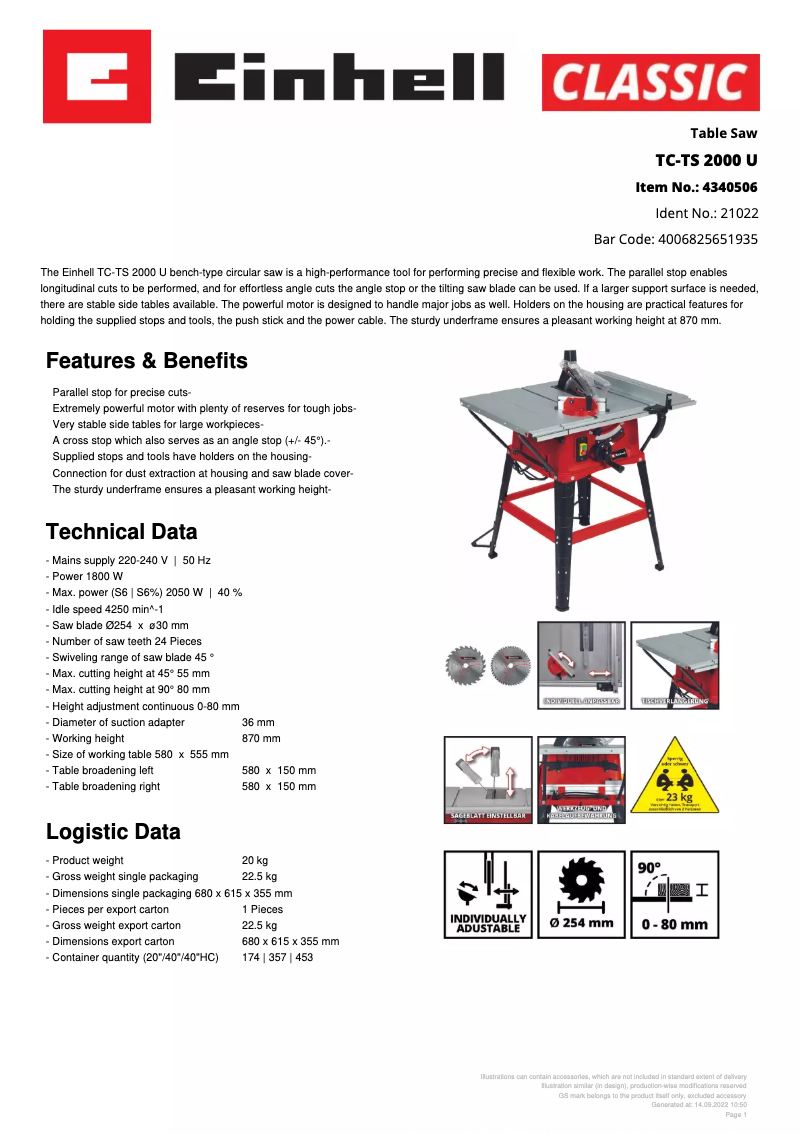 Page 1 of the manual Technical Sheet Einhell TC-TS 2000 U