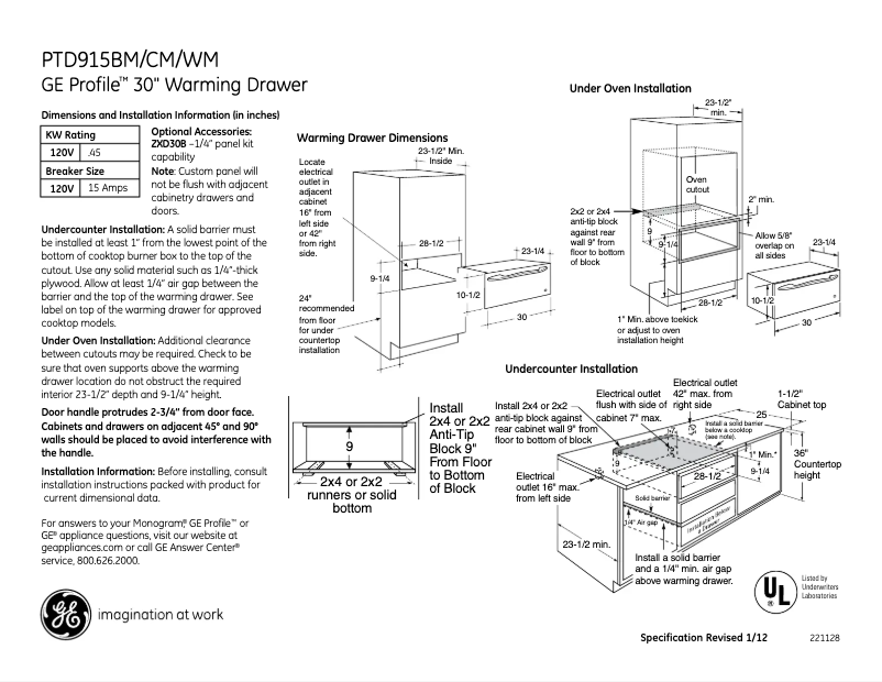 Page 1 of the manual Technical Sheet GE PTD915BMBB
