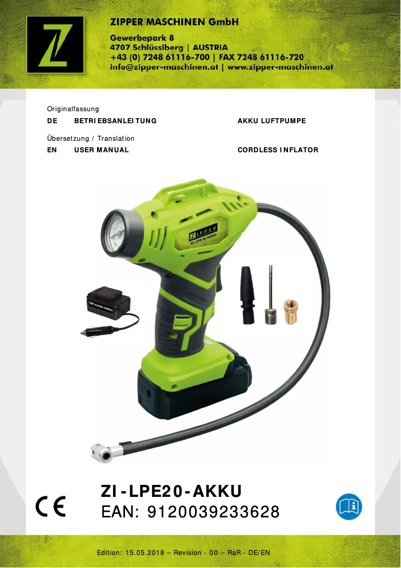 First page image of the manual for ZI-LPE20-AKKU