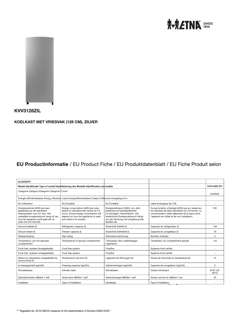 Page 1 of the manual Technical Sheet Etna KVV3128ZIL