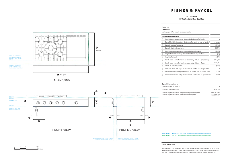 Page 1 of the manual Technical Sheet Fisher & Paykel CPV2-485GDL